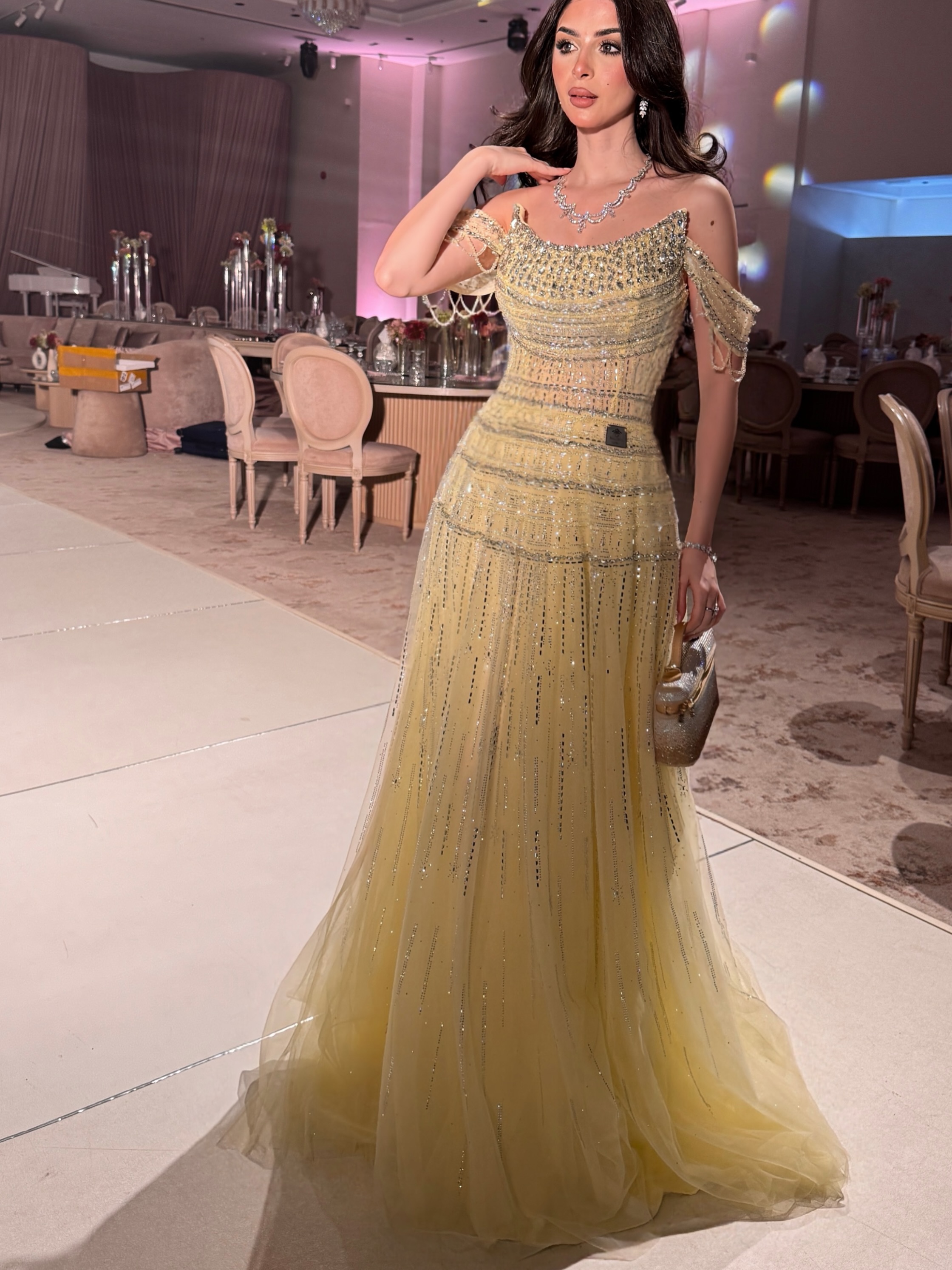Beaded Trim Fringe - Abito da sera giallo in rete